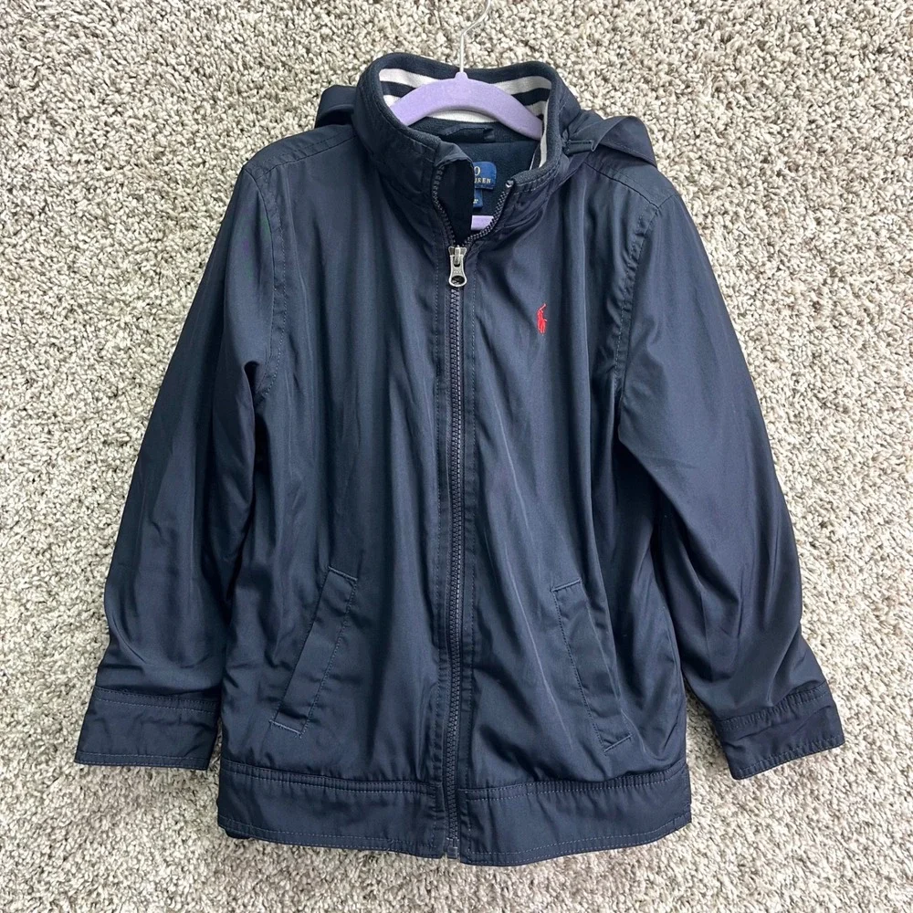 Polo Ralph Lauren Jacket Boys 7 Navy Hooded Fleece Lined Full Zip Up Windbreaker
